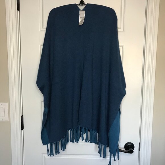 Chico's Reversible Fringed Ruana Wrap Women's S/M Teal, Deep Blue Lightweight - Picture 7 of 15